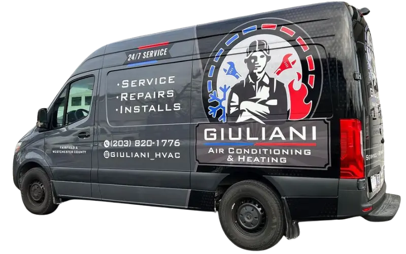 work van wrapped in Giuliani Air Conditioning and Heating logo, saying service, repairs, installs