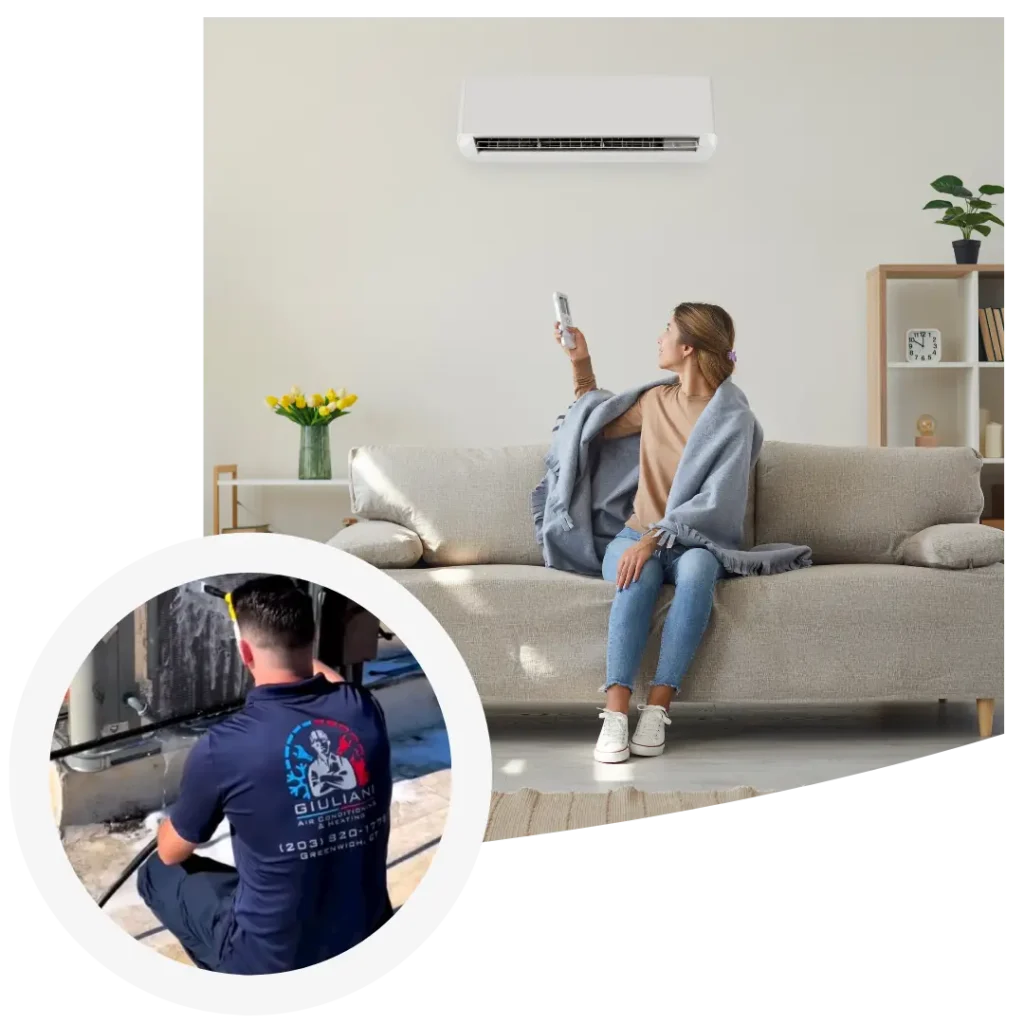 woman on couch adjusting hvac with a remote control